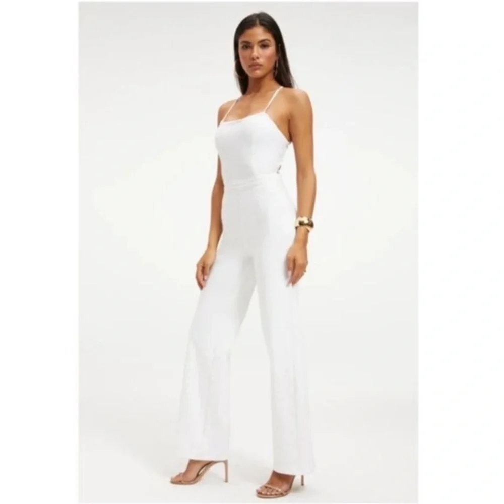 Good American Vacay Lace-Up Stretch Denim Jumpsuit in White001_2